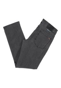 Pantalones de mezclilla gris oscuro con corte recto, que cuentan con un bolsillo trasero, trabillas para cinturón y una etiqueta de cuero negra en la cinturilla.