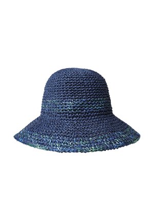 Marineblauer geflochtener Strohhut mit breiter Krempe, der subtile grüne Akzente und eine abgerundete Krone für eine entspannte Silhouette aufweist.