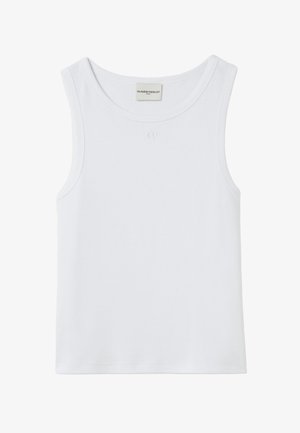 Top in cotone bianco senza maniche con scollatura rotonda. Presenta un piccolo logo sul davanti e un orlo dritto nella parte inferiore.