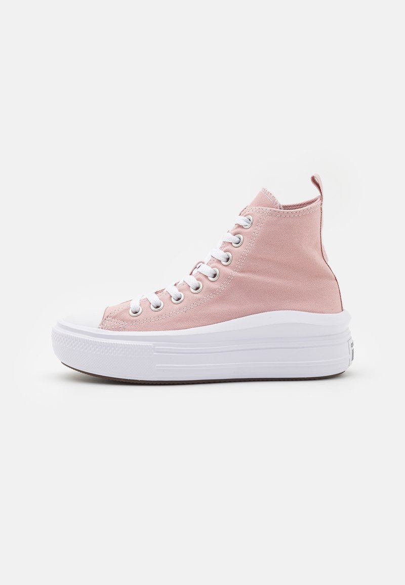 High-top pink canvas sneaker with white rubber platform sole and white laces on a plain white background.