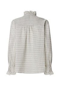 Bela in siva karo bluzica z dolgimi rokavi z nabranim ovratnikom in gumbnim zapiranjem, ki ima nabran zadnji del in rokave s manšetami.