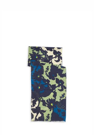 Écharpe florale présentant un motif de fleurs bleu foncé et vert sur un fond clair, fabriquée en tissu doux avec un bord à franges.