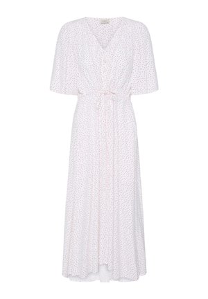 White midi dress with small red polka dots, short sleeves, V-neck, button front, and cinched waist with a tie.