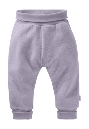 Zachte babybroekjes van lavendel fleece met elastische tailleband en boorden, ontworpen voor warmte en comfort.