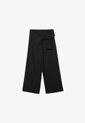 Sorte bukser med vide ben, høj talje og bindebælte foran, lavet af tekstureret stof.