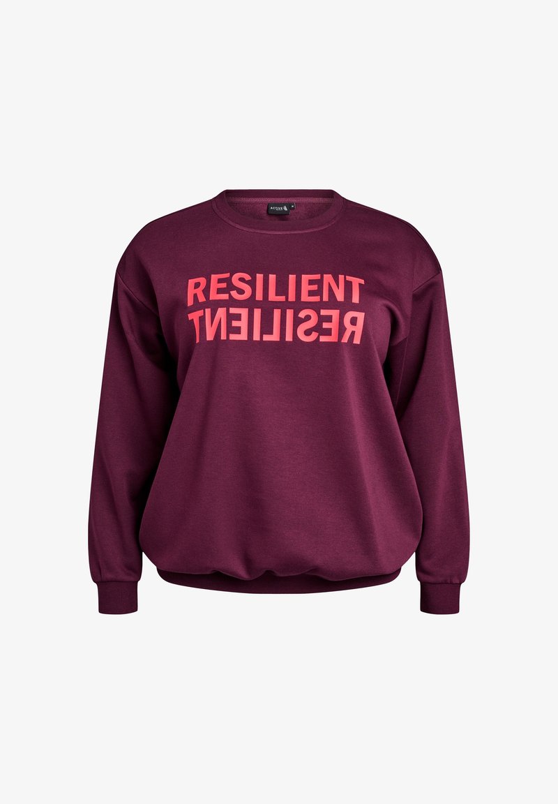 Bordeaux sweatshirt med loose fit og lange ærmer, prydet med fed, pink tekst der står "RESILIENT" på fronten.