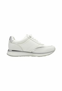 Sneaker bianca con tomaia in pelle liscia, dettagli grigi e punta arrotondata. Caratterizzata da lacci rotondi e una suola imbottita per il comfort.