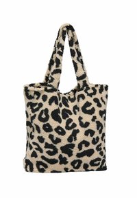 Tote torba s leopard uzorkom izrađena od mekane tkanine, s bež osnovom i crnim mrljama, te s dva teksturirana, okrugla držača.