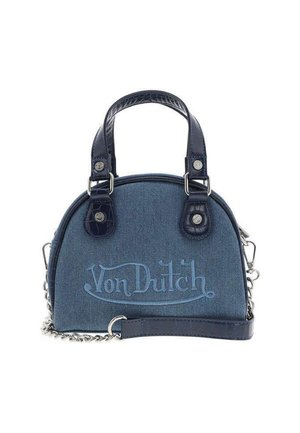 Sac à main bleu en denim et bleu marine avec logo Von Dutch, deux poignées supérieures et bandoulière chaîne amovible.