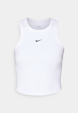 White crop top tank made of stretchy fabric with a round neckline, featuring a black Nike swoosh logo on the front.