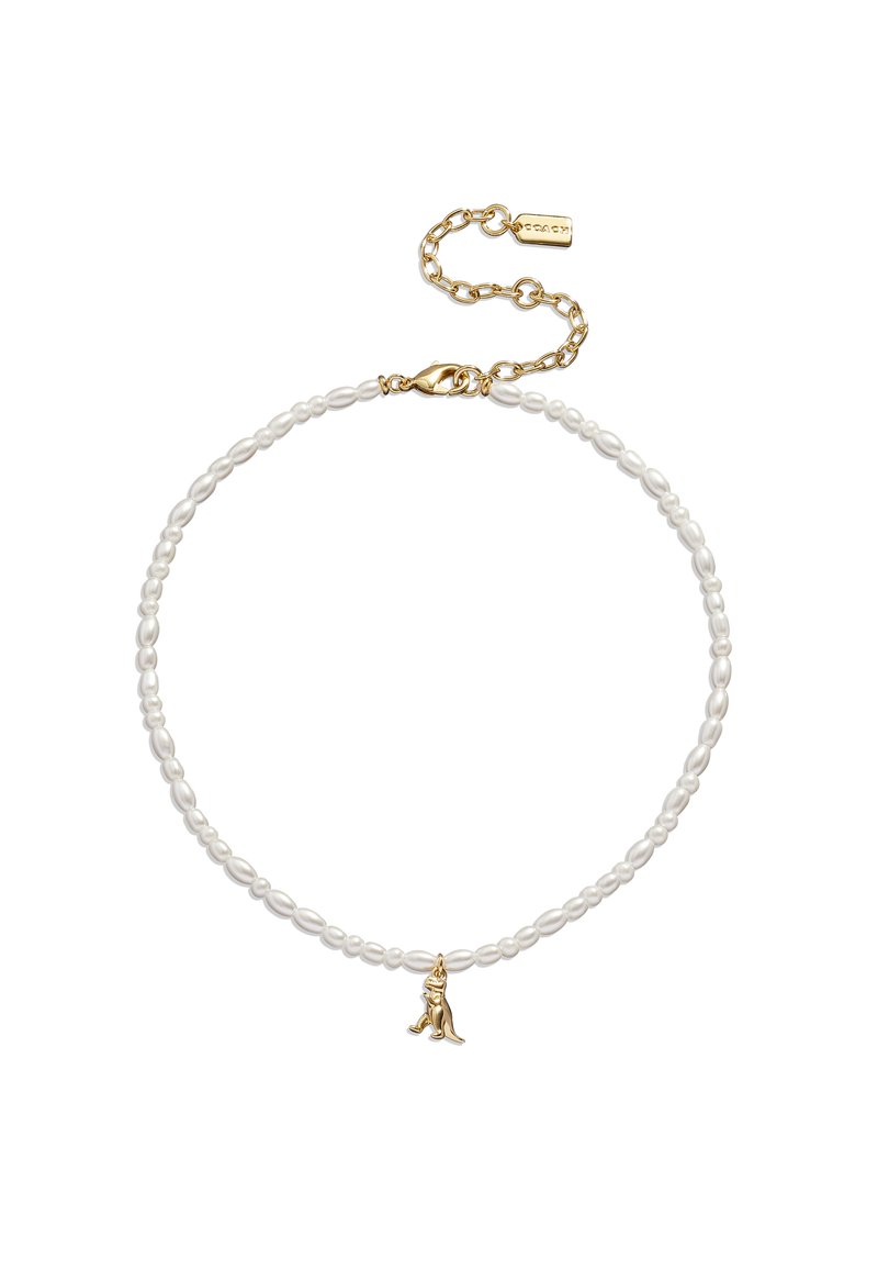 Perlenkette aus weißen Perlen mit einem goldenen Karabinerverschluss und goldenem Tieranhänger. Fällt mit einem Kettenverlängerer für eine verstellbare Länge auf.