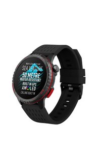 Black sports smartwatch with black silicone strap, red accents, labeled 50-meter water resistant, built-in GPS, AMOLED display, and calling feature.