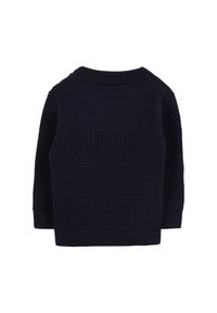 Granatowy, dzianinowy sweter z teksturowanym wzorem. Posiada ściągacz na kołnierzu i mankietach, projekt z opadającym ramieniem oraz luźny krój.