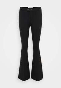 Zwarte flared broek gemaakt van rekbaar materiaal, met een nauwsluitende tailleband en twee knopen aan de voorkant, met naden die langs de benen lopen.