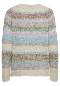 Gebreide trui met horizontale strepen in beige, bruin, lila, groen, blauw en grijs, met een ronde hals en lange mouwen.