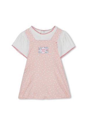 Robe rose avec un motif floral, manches blanches courtes et bords festonnés. Dotée d'un patch rectangulaire avec la marque "Kenzo Paris".