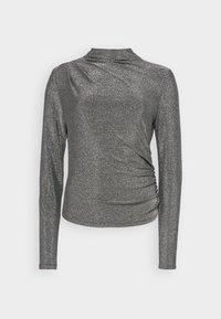 Langärmliges Oberteil aus metallisch grauem Stoff mit funkelnder Textur. Hat einen Stehkragen und Raffungen an der Seite.