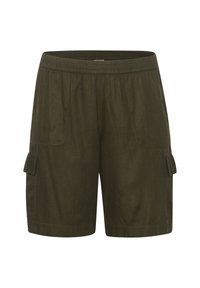 Mørkegrønne knælange cargo shorts med elastisk talje og klaplommer på hver side, præsenteret på hvid baggrund.