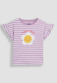 Camiseta de manga corta a rayas moradas y blancas con un bordado de una flor sonriente y el texto "Flower Power" encima. Material de algodón suave.