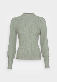 Ljusgrön ribbad pullovertröja med hög hals, långa ballongsärmar och figurnära passform. Mjuk textur med vertikal mönstring.