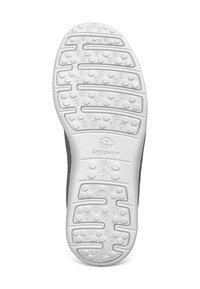 Schuhsohle mit einer strukturierten weißen Kautschukfläche, die erhabene sechseckige Muster und Rillen für besseren Halt aufweist. Markenlogo ist nahe der Ferse sichtbar.