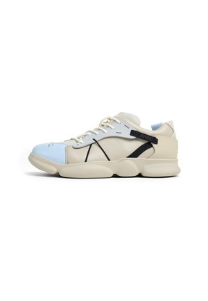 Beige and light blue sneaker with a rounded toe, textured sole, contrast black accents, and visible stitching details. Smooth and breathable materials.