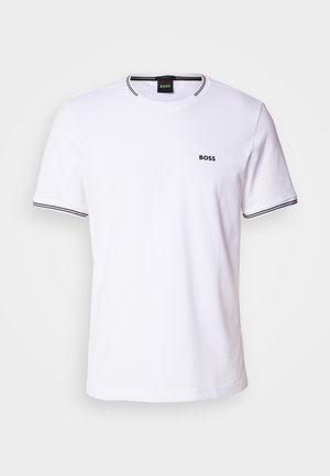 White cotton t-shirt with short sleeves, featuring a round neckline and black stripes on the collar and sleeve hems. Small "BOSS" logo on chest.