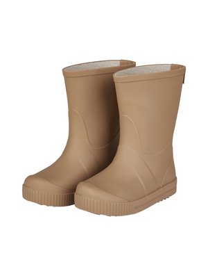 Tan rubber rain boots with a smooth exterior, ribbed soles, and a soft lining. Mid-calf height with a streamlined design and rounded toes.