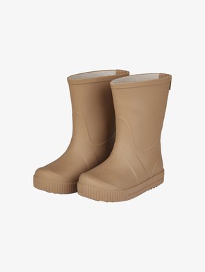 Tan rubber rain boots with a smooth exterior, ribbed soles, and a soft lining. Mid-calf height with a streamlined design and rounded toes.
