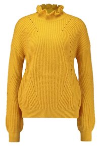 Pull en tricot jaune avec un col froncé haut, des manches longues et des motifs texturés comportant des détails en maille ouverte sur les côtés.