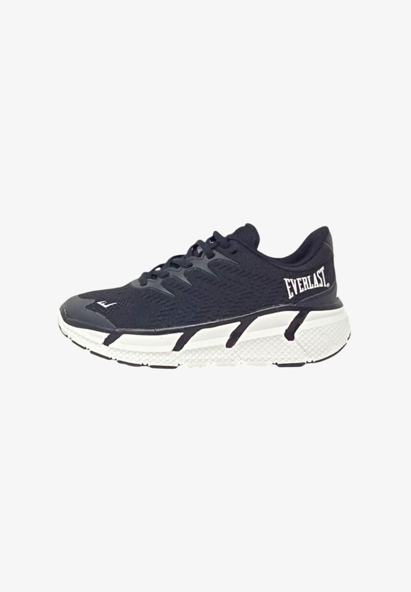 Scarpa da ginnastica nera con tomaia in rete, suola in gomma bianca con un motivo testurizzato e branding "Everlast" sul lato.