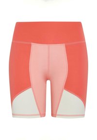 Koraalroze sportieve shorts met een hoge tailleband, gekleurd paneelontwerp in tinten roze en wit, met een gladde textuur.