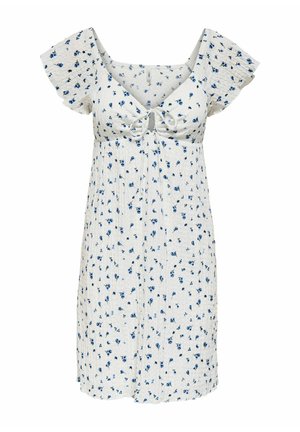 Witte korte jurk met blauwe bloemenprint, pofmouwen en een strik aan de voorkant bij de buste.