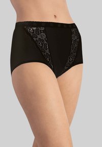Mutande nere a vita alta realizzate in tessuto morbido, con dettagli in pizzo floreale sui lati anteriori e una cintura ondulata.