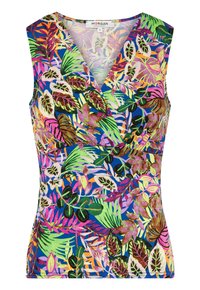 Top sin mangas con un profundo escote en V, que presenta un vibrante estampado tropical en varios colores, predominantemente azul, verde, rosa y púrpura.