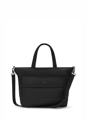 Musta pehmustettu olkalaukku, jossa on kaksinkertaiset kahvat, säädettävä olkahihna ja pieni etumainen logo, jossa lukee "Larkson Hamburg".