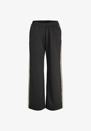 Sorte bukser med vide ben, elastisk talje og hvide sidelommer, designet til afslappet eller atletisk brug.