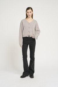 Cardigan a maglia grigio chiaro con scollo a V, caratterizzato da quattro grandi bottoni, spalle abbattute e polsini a coste. Abbinato a jeans neri a zampa.