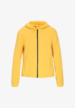 Keltainen huppari, joka on valmistettu pehmeästä kankaasta, jossa on edessä vetoketju, kaksi sivutaskua ja kontrastivärinen tummansininen vetoketju. Saumaton rakenne.