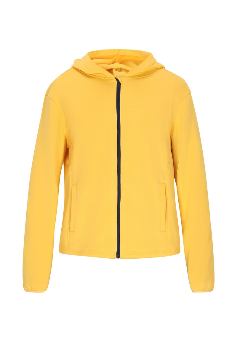 Giacca gialla con cappuccio realizzata in tessuto morbido, dotata di zip frontale, due tasche laterali e una cerniera in contrasto blu navy. Tessuto liscio.