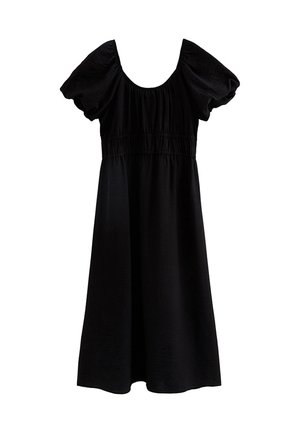 Vestido negro con escote cuadrado, mangas abullonadas y cintura fruncida. Tela suave, largo hasta la rodilla, con una silueta fluida.
