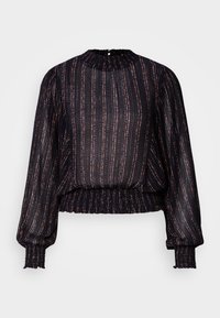 Blusa nera a maniche lunghe con colletto arricciato e vita elastica, caratterizzata da strisce verticali metalliche in arancione e accenti dorati.
