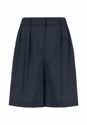 Marineblauwe, op maat gemaakte shorts met hoge taille, plooien, riemlussen en een ritssluiting aan de voorkant.
