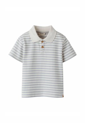 Polo blanc à manches courtes avec motif quadrillé bleu clair, deux boutons en bois et un col blanc uni.