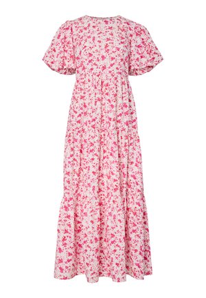 Valge maxi kleit lühikeste padjanditega varrukate ja kogu kleidi ulatuses roosa ja punase lillemustriga, millel on kootud talje ja kihihaaval volangseelik.