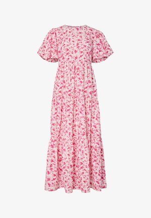 Fehér maxi ruha rövid, puffos ujjakkal és teljes felületén rózsaszín és piros virágmintával, ráncolt derékkal és réteges szoknyával.