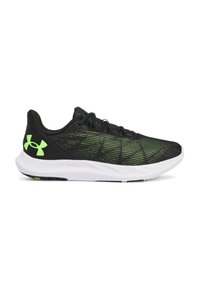 Black athletic shoes with a textured upper featuring green accents and a white midsole. Designed for comfort and performance.