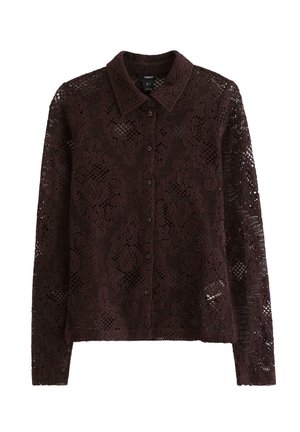 Camicetta bordeaux in pizzo con maniche lunghe, caratterizzata da un colletto, motivi floreali e una texture semi-trasparente.