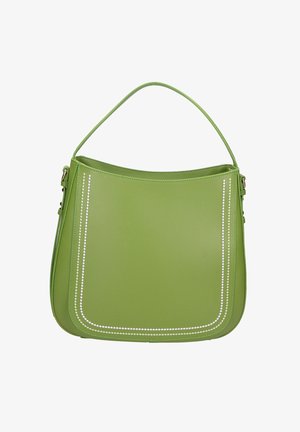 Groene leren handtas met een gebogen handvat en witte stikdetails die het voorpaneel omlijnen.