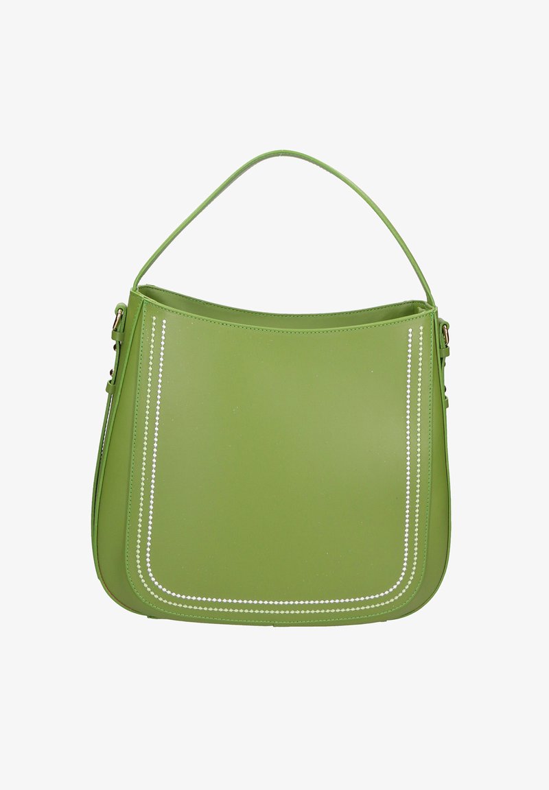 Groene leren handtas met een gebogen handvat en witte stikdetails die het voorpaneel omlijnen.